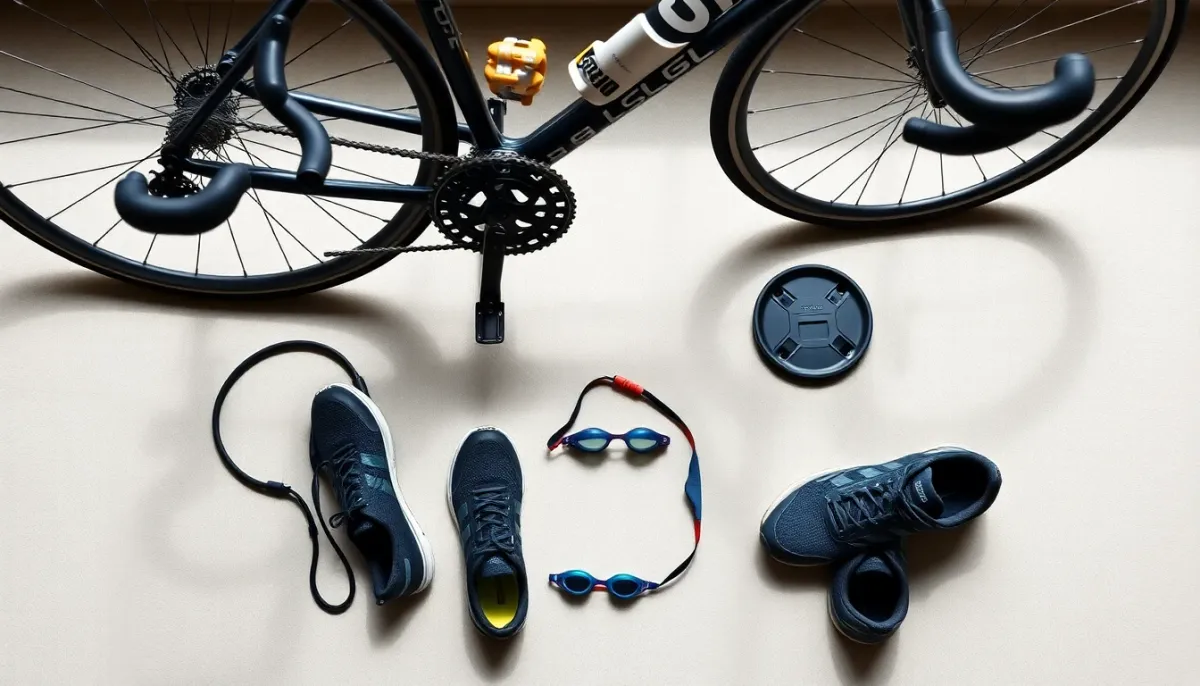 Zone de transition triathlon avec équipement de natation, vélo et chaussures de course à pied