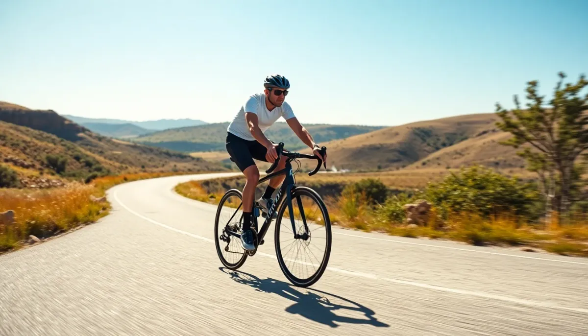 Cycliste en action sur route pavée avec paysage naturel en arrière-plan
