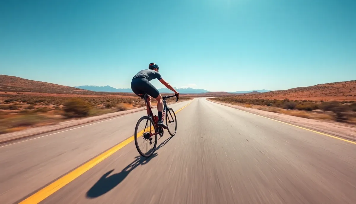 Cycliste en action sur une route ouverte pendant la phase cyclisme d'un triathlon