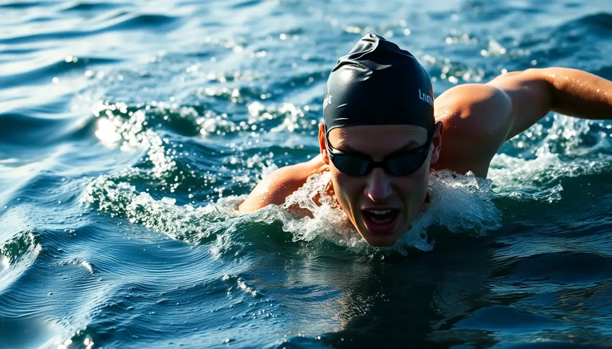 Gros plan d'un nageur en eau libre pendant l'épreuve de natation d'un triathlon