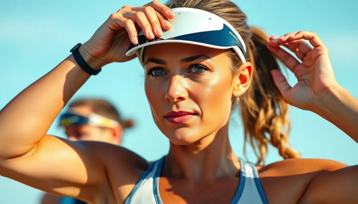 Athlète féminine en triathlon ajustant sa visière avant une course, moment de préparation