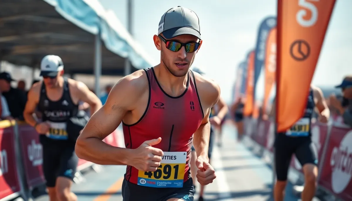 Triathlète en zone de transition portant une casquette, moment d'effort et de concentration